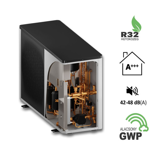 9 kW-os Levegő-Víz 1 fázisú hőszivattyús rendszer fűtésre, hűtésre, használati melegvíz ellátásra helytakarékos tartállyal, komplett beüzemeléssel 
