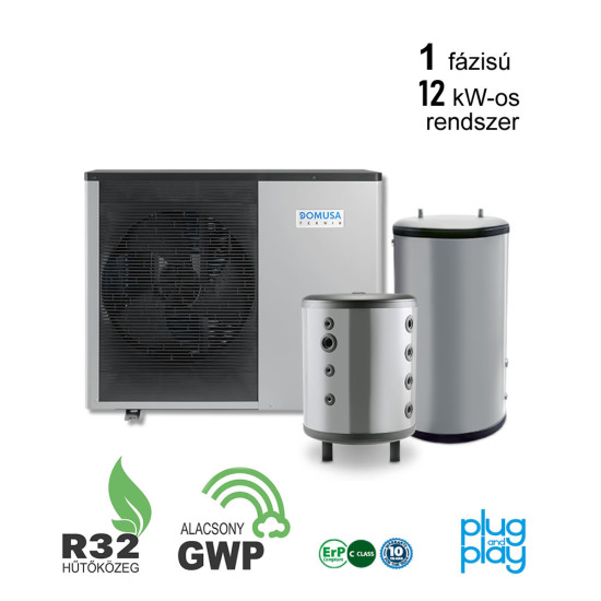 12 kW-os 1 fázisú Levegő-Víz hőszivattyús rendszer fűtés, hűtés, és használati melegvíz ellátásra komplett beüzemeléssel   
