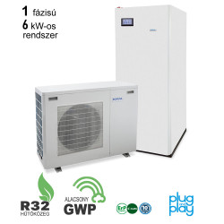 6 kW-os 1 fázisú Levegő-Víz hőszivattyús rendszer fűtésre, hűtésre, használati melegvíz ellátásra helytakarékos tartállyal, komplett beüzemeléssel 