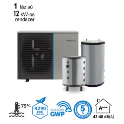 12 kW-os magas hőmérsékletű 1 fázisú Levegő-Víz hőszivattyús készülék csomag fűtés, hűtés, és használati melegvíz ellátásra fagyállós védelemmel  