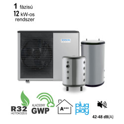 12 kW-os 1 fázisú Levegő-Víz hőszivattyús készülék csomag fűtés, hűtés, és használati melegvíz ellátásra fagyállós védelemmel   