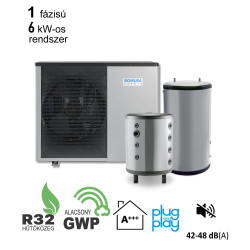6 kW-os 1 fázisú Levegő-Víz hőszivattyús készülék csomag fűtés, hűtés, és használati melegvíz ellátásra fagyállós védelemmel   