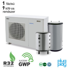 9 kW-os 1 fázisú Levegő-Víz hőszivattyús készülék csomag fűtés, hűtés, és használati melegvíz ellátásra fagyállós védelemmel   