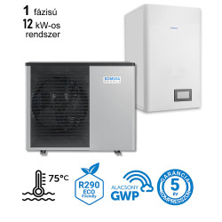 12 kW-os magas hőmérsékletű 1 fázisú Levegő-Víz hőszivattyús rendszer fűtésre, és használati melegvíz ellátásra, igény esetén hűtésre is Acqua ME 110 helytakarékos tartállyal, szereld magad készülék csomag 