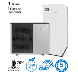 12 kW-os magas hőmérsékletű 1 fázisú Levegő-Víz hőszivattyús rendszer fűtésre, hűtésre, és használati melegvíz ellátásra, helytakarékos tartállyal, komplett beüzemeléssel 