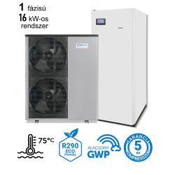 16 kW-os 1 fázisú magas hőmérsékletű Levegő-Víz hőszivattyús rendszer fűtésre, hűtésre, és használati melegvíz ellátásra, helytakarékos tartállyal, komplett beüzemeléssel 