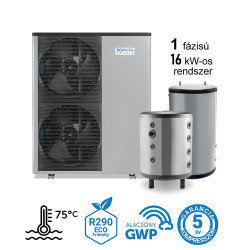 16 kW-os magas hőmérsékletű 1 fázisú Levegő-Víz hőszivattyús készülék csomag fűtés, hűtés, és használati melegvíz ellátásra fagyállós védelemmel  