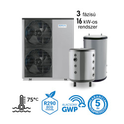 16 kW-os 3 fázisú magas hőmérsékletű Levegő-Víz hőszivattyús rendszer fűtés, hűtés, és használati melegvíz ellátásra komplett beüzemeléssel   
