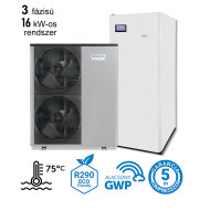 16 kW-os 3 fázisú magas hőmérsékletű Levegő-Víz hőszivattyús rendszer fűtésre, hűtésre, és használati melegvíz ellátásra, helytakarékos tartállyal, komplett beüzemeléssel 
