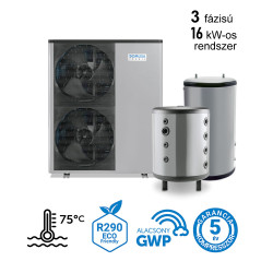 16 kW-os magas hőmérsékletű 3 fázisú Levegő-Víz hőszivattyús készülék csomag fűtés, hűtés, és használati melegvíz ellátásra fagyállós védelemmel  