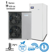 19 kW-os 1 fázisú magas hőmérsékletű Levegő-Víz hőszivattyús rendszer fűtésre, hűtésre, és használati melegvíz ellátásra, helytakarékos tartállyal, komplett beüzemeléssel 