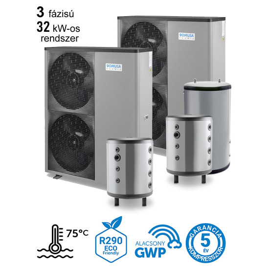 32 kW-os 3 fázisú magas hőmérsékletű Levegő-Víz hőszivattyús rendszer fűtés, hűtés, és használati melegvíz ellátásra komplett beüzemeléssel 