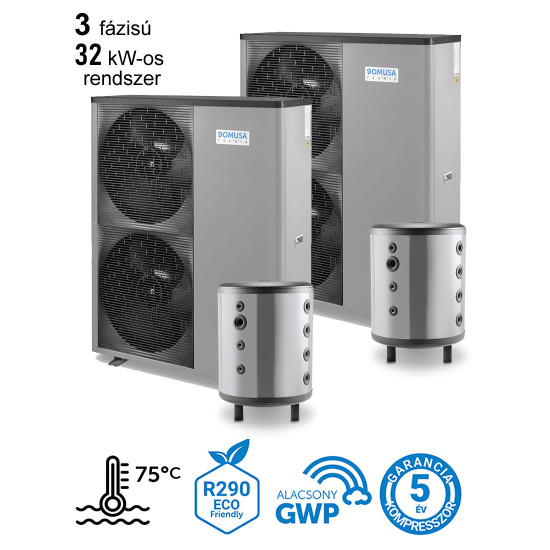 32 kW-os 3 fázisú magas hőmérsékletű Levegő-Víz hőszivattyús rendszer fűtésre, hűtésre, komplett beüzemeléssel   