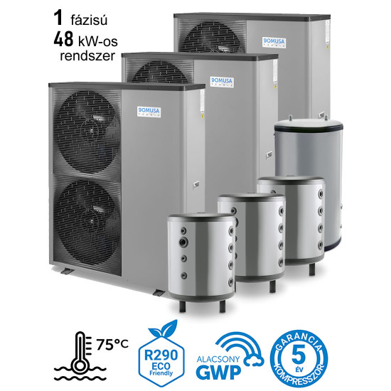 48 kW-os 1 fázisú magas hőmérsékletű Levegő-Víz hőszivattyús rendszer fűtés, hűtés, és használati melegvíz ellátásra komplett beüzemeléssel 