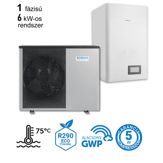 6 kW-os magas hőmérsékletű 1 fázisú Levegő-Víz hőszivattyús rendszer fűtésre, és használati melegvíz ellátásra, igény esetén hűtésre is Acqua ME 110 helytakarékos tartállyal, szereld magad készülék csomag 