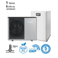 6 kW-os magas hőmérsékletű 1 fázisú Levegő-Víz hőszivattyús rendszer fűtésre, és használati melegvíz ellátásra, igény esetén hűtésre is Acqua SE 170 helytakarékos tartállyal, szereld magad készülék csomag 
