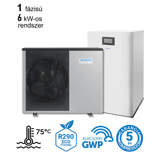 6 kW-os magas hőmérsékletű 1 fázisú Levegő-Víz hőszivattyús rendszer fűtésre, és használati melegvíz ellátásra, igény esetén hűtésre is Acqua SE 170 helytakarékos tartállyal, komplett beüzemeléssel 