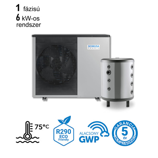6 kW-os magas hőmérsékletű 1 fázisú Levegő-Víz készülék csomag fűtésre, hűtésre, fagyállós védelemmel   