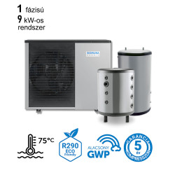 9 kW-os magas hőmérsékletű 1 fázisú Levegő-Víz hőszivattyús készülék csomag fűtés, hűtés, és használati melegvíz ellátásra fagyállós védelemmel  