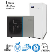 12 kW-os magas hőmérsékletű 1 fázisú Levegő-Víz hőszivattyús készülék csomag fűtésre, hűtésre, és használati melegvíz ellátásra, helytakarékos tartállyal, speciális mágneses védelemmel, és fagyvédelmi szeleppel