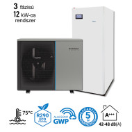 12 kW-os magas hőmérsékletű 3 fázisú Levegő-Víz hőszivattyús rendszer fűtésre, hűtésre, és használati melegvíz ellátásra, helytakarékos tartállyal, komplett beüzemeléssel 