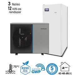 12 kW-os magas hőmérsékletű 3 fázisú Levegő-Víz hőszivattyús rendszer fűtésre, hűtésre, és használati melegvíz ellátásra, helytakarékos tartállyal, komplett beüzemeléssel 