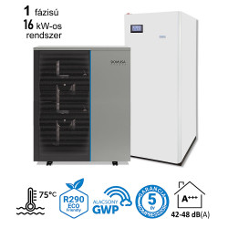 16 kW-os 1 fázisú magas hőmérsékletű Levegő-Víz hőszivattyús rendszer fűtésre, hűtésre, és használati melegvíz ellátásra, helytakarékos tartállyal, komplett beüzemeléssel 