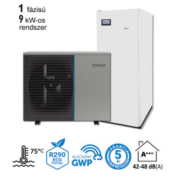9 kW-os magas hőmérsékletű 1 fázisú Levegő-Víz hőszivattyús rendszer fűtésre, hűtésre, és használati melegvíz ellátásra, helytakarékos tartállyal, komplett beüzemeléssel 