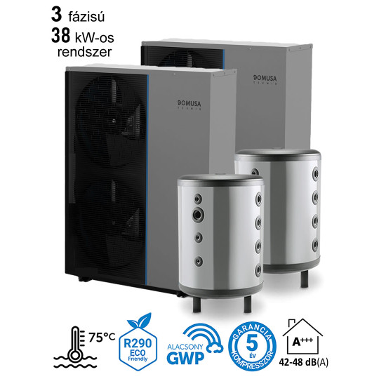 38 kW-os 3 fázisú magas hőmérsékletű Levegő-Víz hőszivattyús rendszer fűtésre, hűtésre, komplett beüzemeléssel   