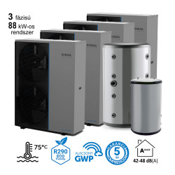 88 kW-os 3 fázisú magas hőmérsékletű Levegő-Víz hőszivattyús rendszer fűtés, hűtés, és használati melegvíz ellátásra komplett beüzemeléssel 