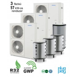 57 kW-os 3 fázisú Levegő-Víz hőszivattyús rendszer fűtés, hűtés, és használati melegvíz ellátásra komplett beüzemeléssel 