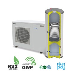 6 kW-os Levegő-Víz hőszivattyús rendszer fűtésre, hűtésre, használati melegvíz ellátásra kisebb épületekbe, helytakarékos kompakt tartállyal komplett beüzemeléssel 