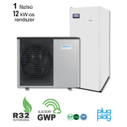 12 kW-os 1 fázisú Levegő-Víz hőszivattyús készülék csomag fűtésre, hűtésre, és használati melegvíz ellátásra, helytakarékos tartállyal, speciális mágneses védelemmel, és fagyvédelmi szeleppel 