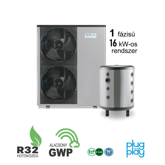 16 kW-os 1 fázisú Levegő-Víz hőszivattyús rendszer fűtésre, hűtésre, komplett beüzemeléssel   