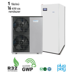 16 kW-os 1 fázisú Levegő-Víz hőszivattyús rendszer fűtésre, hűtésre, és használati melegvíz ellátásra, helytakarékos tartállyal, komplett beüzemeléssel 