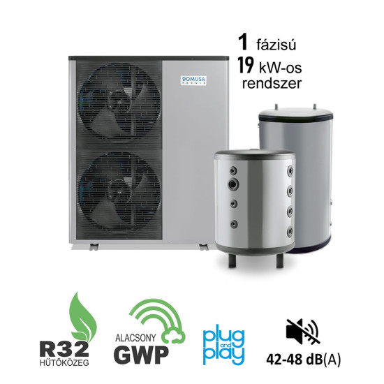 19 kW-os 1 fázisú Levegő-Víz hőszivattyús készülék csomag fűtés, hűtés, és használati melegvíz ellátásra fagyállós védelemmel   