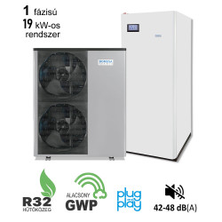 19 kW-os 1 fázisú Levegő-Víz hőszivattyús rendszer fűtésre, hűtésre, és használati melegvíz ellátásra, helytakarékos tartállyal, komplett beüzemeléssel 