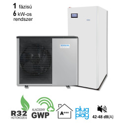 6 kW-os 1 fázisú Levegő-Víz hőszivattyús rendszer fűtésre, hűtésre, használati melegvíz ellátásra helytakarékos tartállyal, komplett beüzemeléssel 